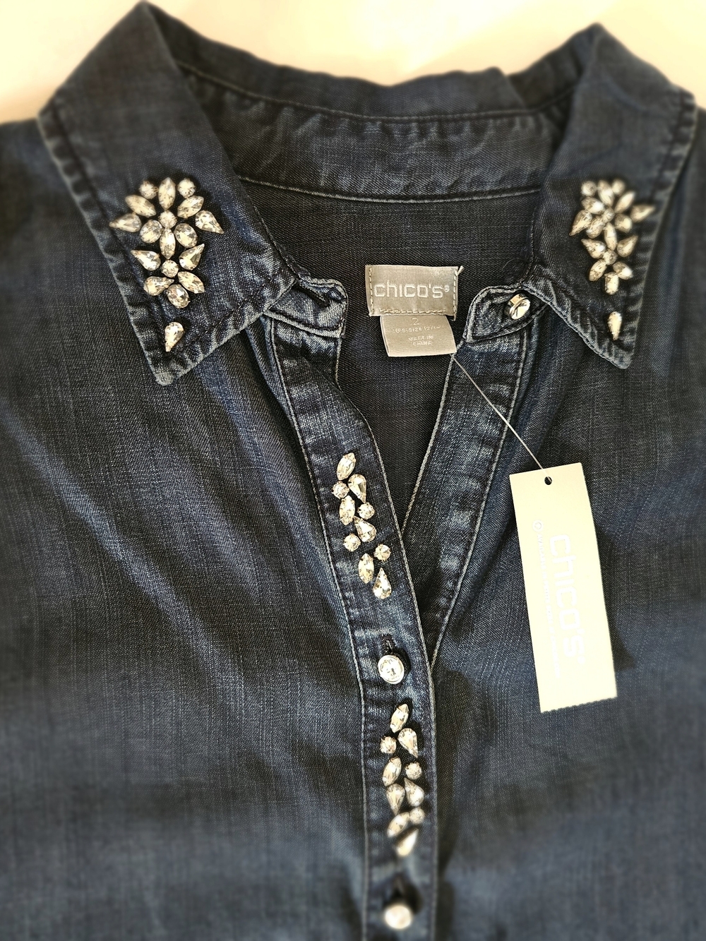 Chico's Embellished Denim Tencel Shirt Size 2 Blue Rhinestone Collar Blouse NWT - Picture 6 of 14